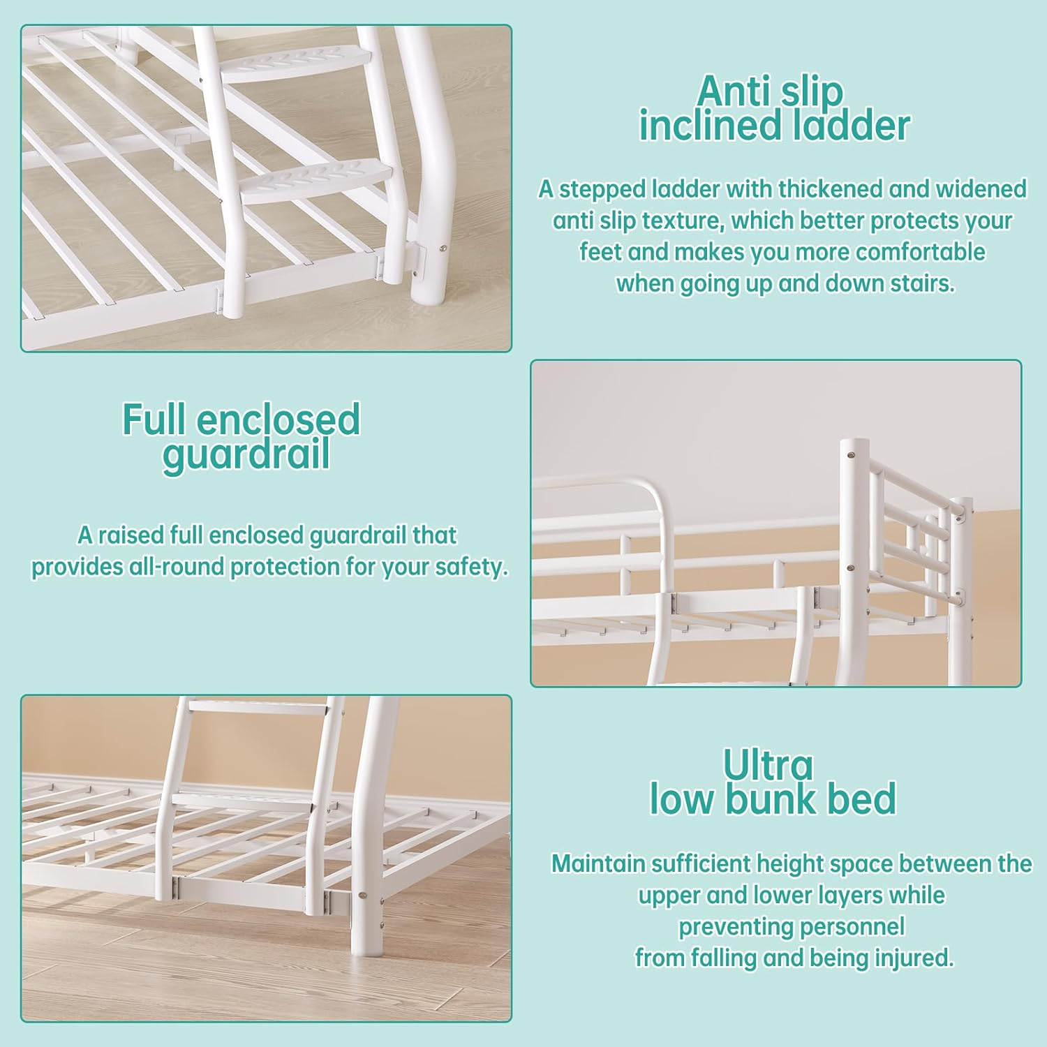 🛏️ Kids Bunk Bed with Removable Guardrail – Low Profile & Safe Sleeping for Children 🌈✨